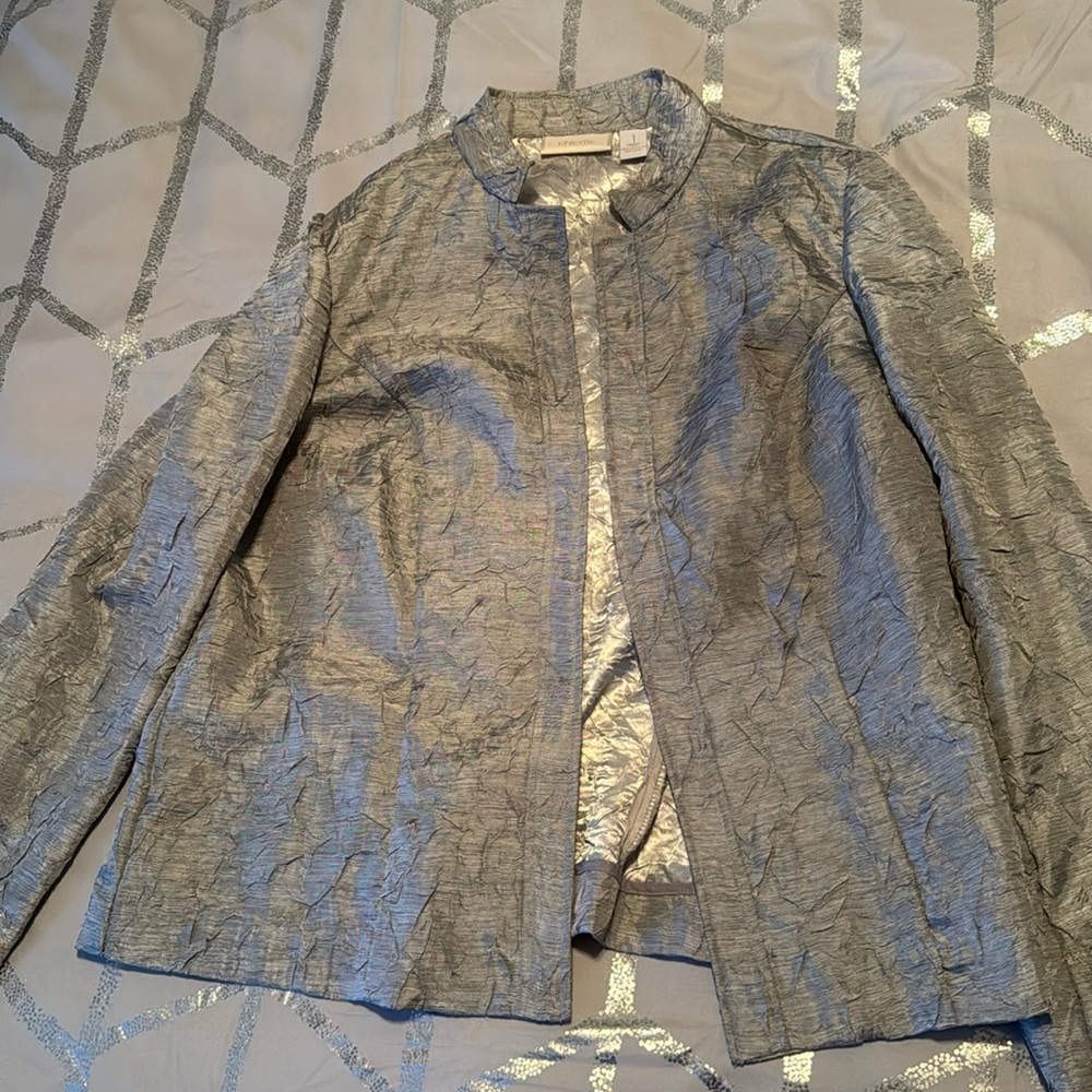 Chicos adorable silver crinkle look jacket, pair with pants or a dress
